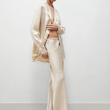 Silk Laundry hazelnut bias cut silk pants styled with matching silk blazer