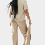 Silk Laundry hazelnut silk satin bias pants worn with silk shirt