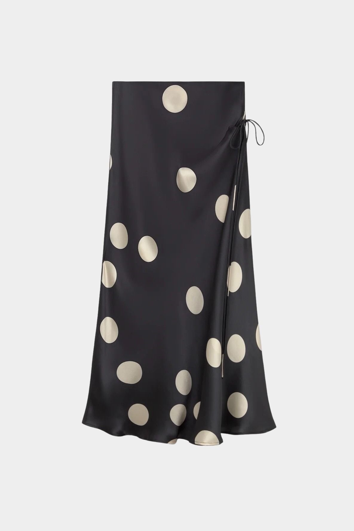 silk laundry long bias cut skirt large polka dot side tie detail view