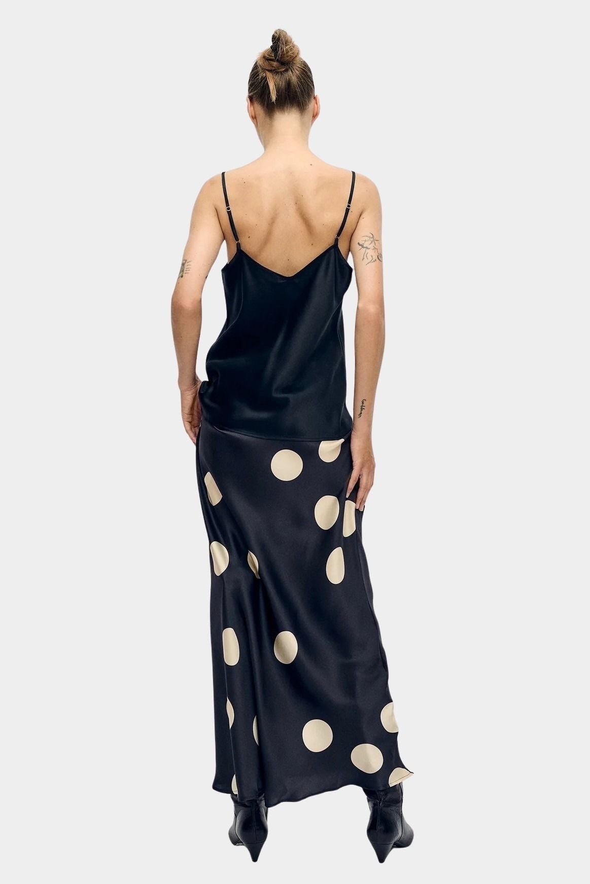silk laundry long bias cut skirt large polka dot back view with camisole