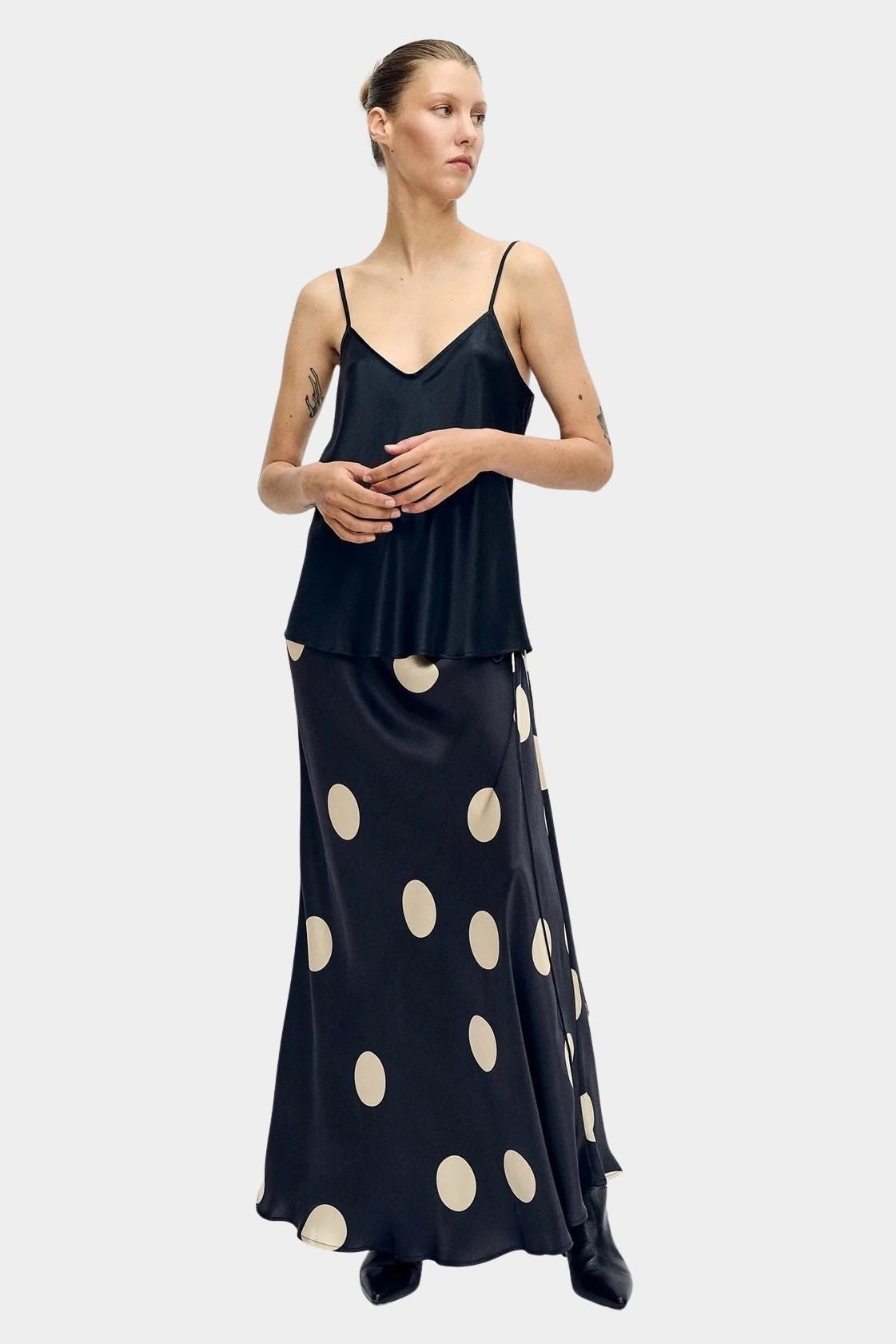 silk laundry long bias cut skirt large polka dot styled front view with camisole