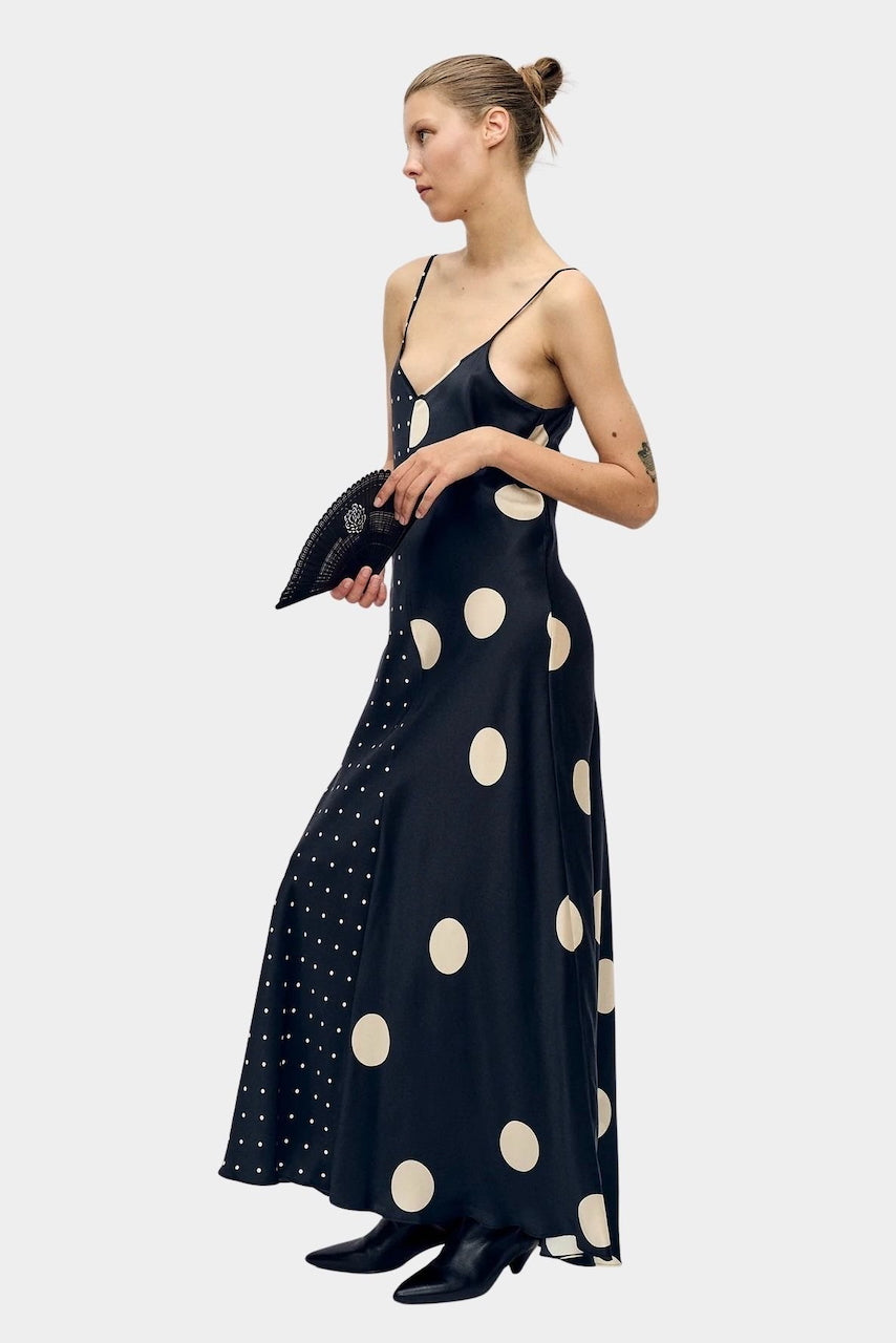 Silk Laundry polka mix silk satin slip dress with mixed scale polka dots