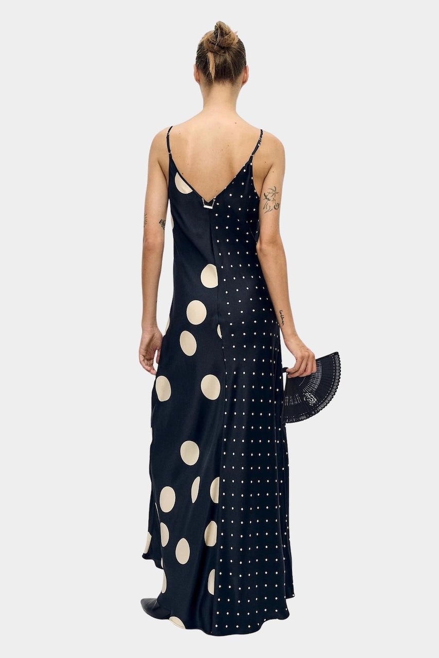 Silk Laundry silk slip dress in black and cream polka mix back view